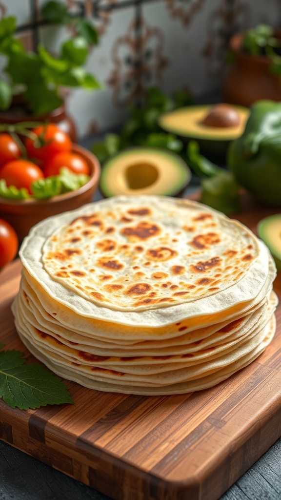 A stack of low-calorie tortillas on a wooden board with fresh vegetables.